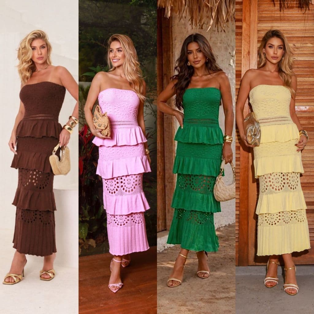 Vestido Elegante Midi Tricot Festa Tomara que Caia Moda Praia com Babados Confortável Chique