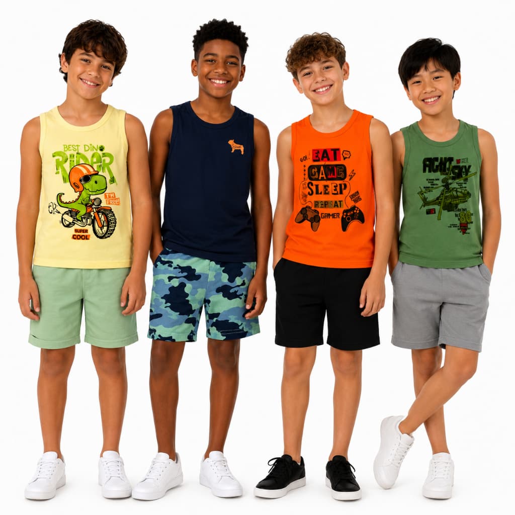 Conjunto Sortido Juvenil Masculino Regata e Bermuda Sortidas Tamanho 10 12 14 16