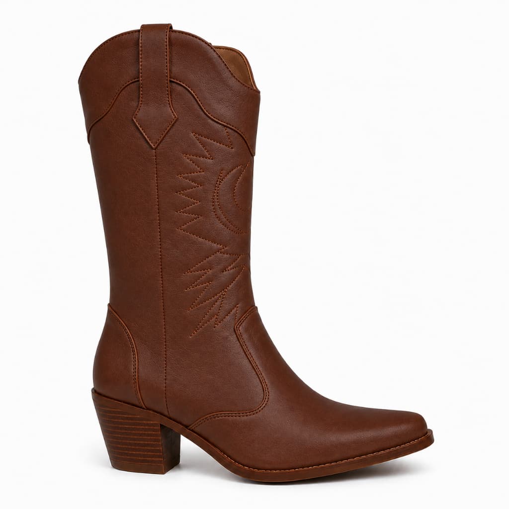 Bota Texana Feminina Cano Alto Salto Médio Western Bordada
