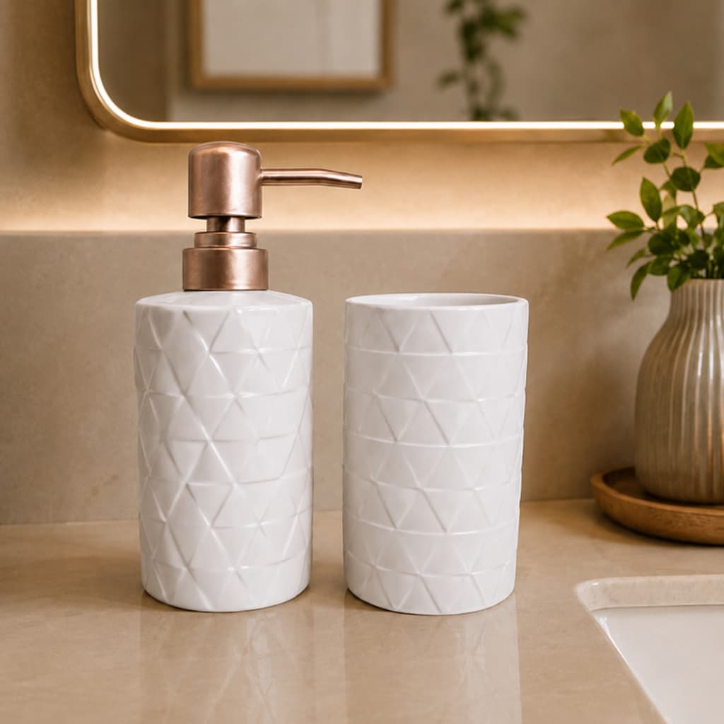 Kit Banheiro Lavabo 2 Peças Prisma Porta Sabonete Líquido Suporte p/Escovas Cerâmica Pump Champagne
