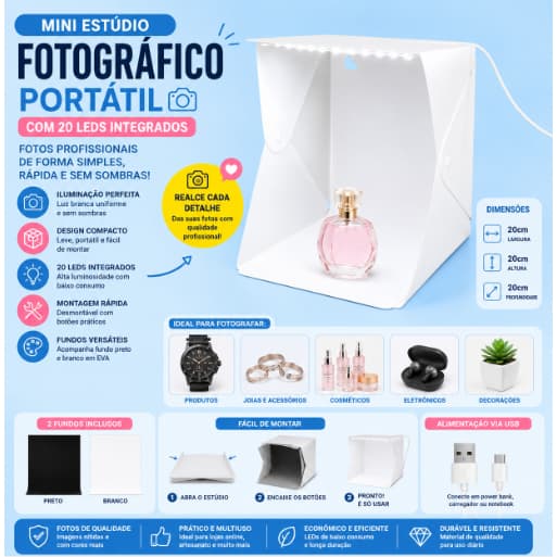 Estúdio Fotográfico para Empreendedores Completo luz de Led com 2 fundos