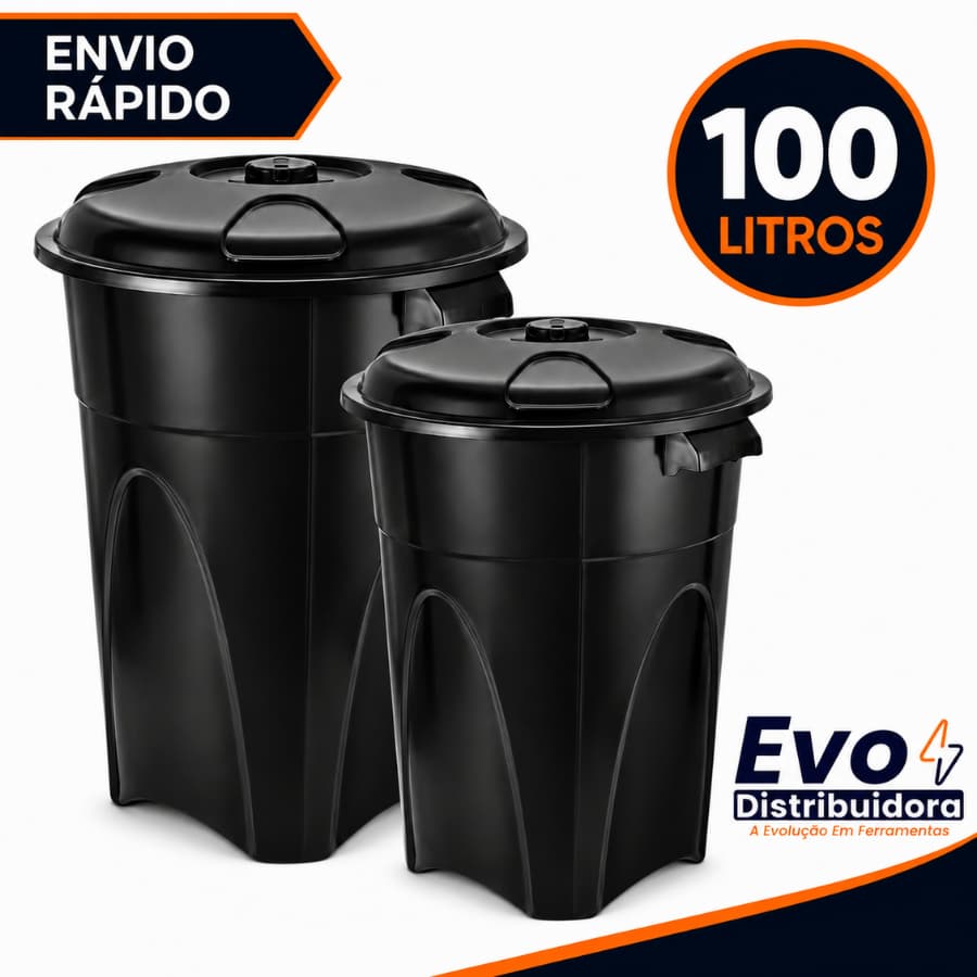 02 Unidades Cesto de Lixo 100 Litros Preto Reforçado Com Alça - Injeplastec