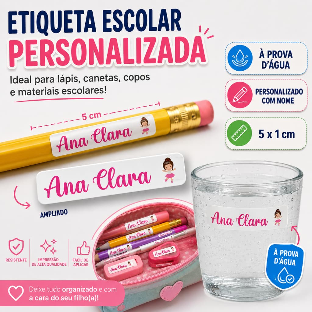 Etiqueta Adesivo Personalizado Escolar  Bailarina 5x1cm A PROVA D'ÁGUA LAVÁVEL  mamadeira material creche escola