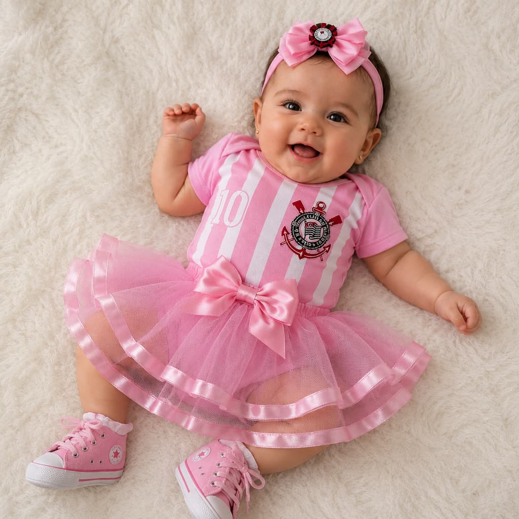 Body Bebê Princesa Do Timão Corinthians Rosa De Luxo Saia Tule Laço Tênis Mesversário