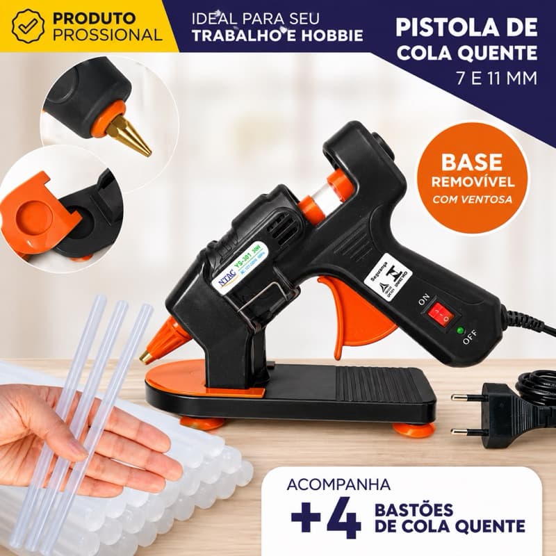 Pistola cola quente profissional pequena luxo  - bivolt - Preto/laranja brinde 4 cola NYBC