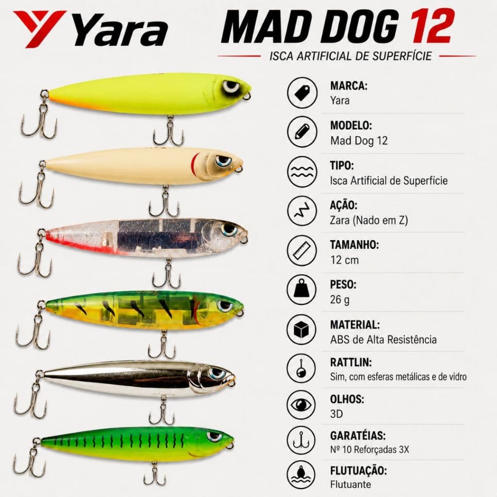 Isca Artificial para pesca de superfície Yara Mad Dog 12cm 26g By Eduardo Monteiro Tucunaré