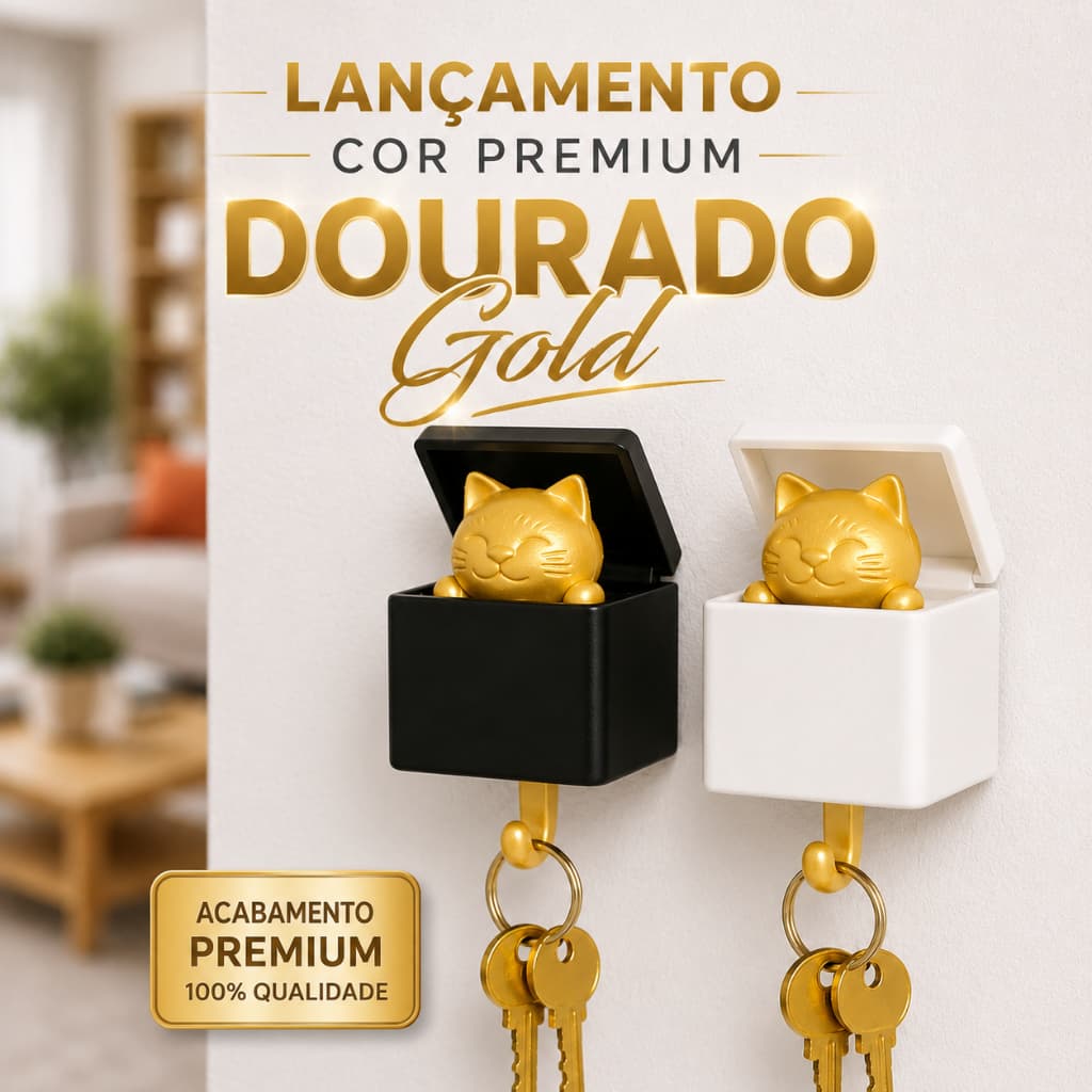 Porta-Chaves Gato Fofo Esconde-Esconde Premium | Gancho com Adesivo Decorativo para Parede sem fazer Furo