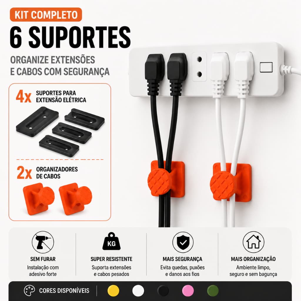 Kit 4 Suportes Adesivos para Extensão Elétrica + 2 Organizadores de Fio Parede Sem Furo Forte