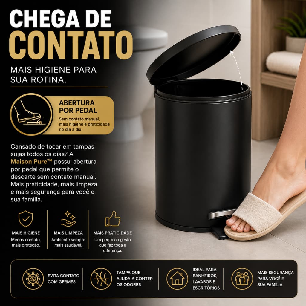 Lixeira com Pedal 5L Preta Compacta Tampa Anti Odor Banheiro Lavabo Escritório