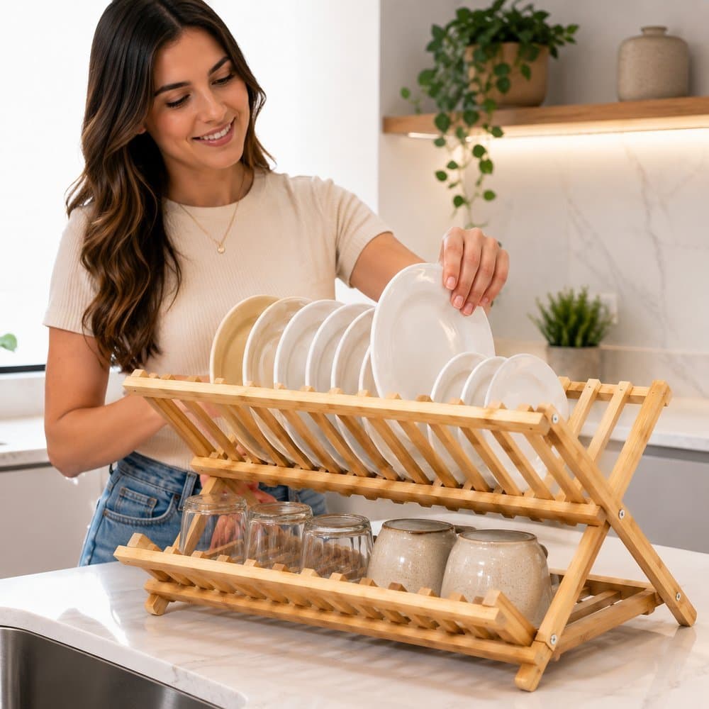 Escorredor Pratos Bambu Natural Dois Níveis Dobrável Compacto Cozinha Elegante