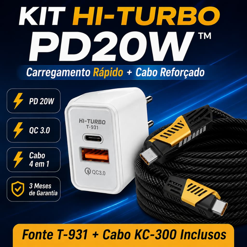 Kit Carregador Turbo HI-TURBO T-931 PD20W QC3.0 + Cabo KC-300 4 Em 1 Type-C Lightning Carregamento Rápido