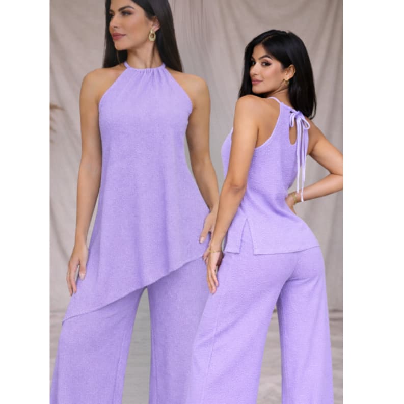 Conjunto Femenino Calça Pantalona Longa Blusa Assimetrica Amarraçao No Pescoço De Estilo & Conforto