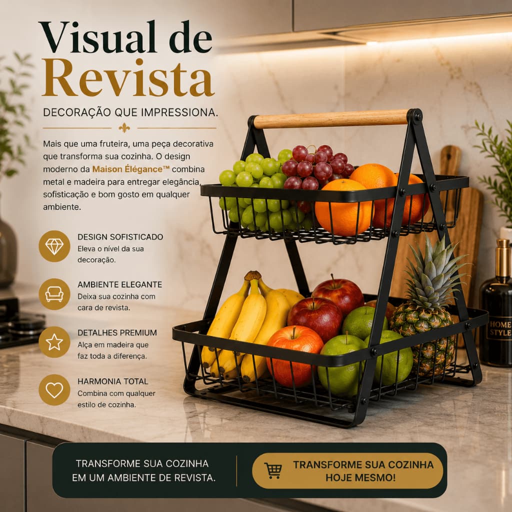 Fruteira Organizador de Frutas 2 Andares em Metal com Alça de Madeira Decoração Moderna para Cozinha