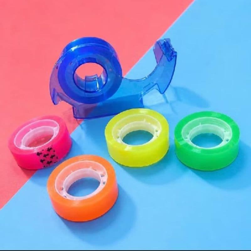 Kit Suporte Aplicador De Fita Adesiva + 5 Rolos Coloridos Neon Papelaria Escolar Escritório Embalagem
