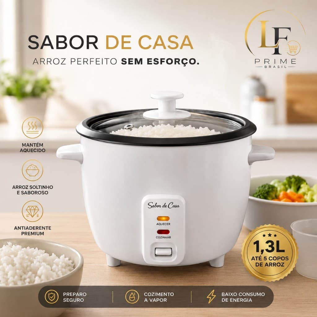Panela de Arroz Elétrica 1,3L Branca Elegância Mantém Aquecido Cozinha Legumes à Vapor 127V - 220V
