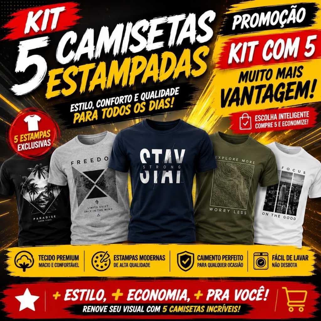 🔥💥Kit 5 Camisetas Masculinas Variadas Estampadas Premium Atacado Varejo Revenda Multimarcas Algodão Promoção Oferta