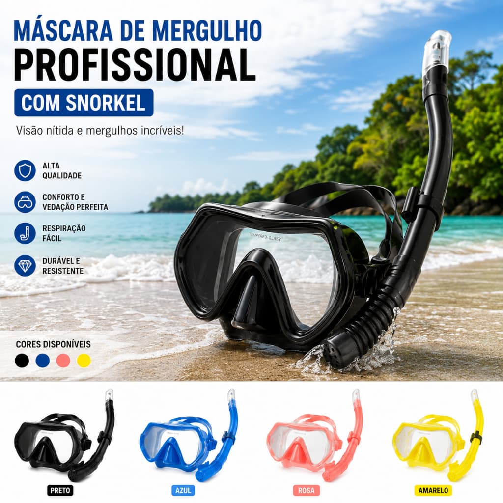 Máscara Snorkel Mergulho Silicone Profissional Praia Piscina Natação Pesca
