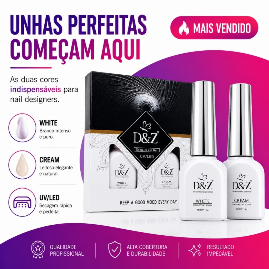 Kit Francesinha Unha Gel D&Z 2x12g Branco Renda Profissional UV/LED Alta Cobertura Nail Art Manicure