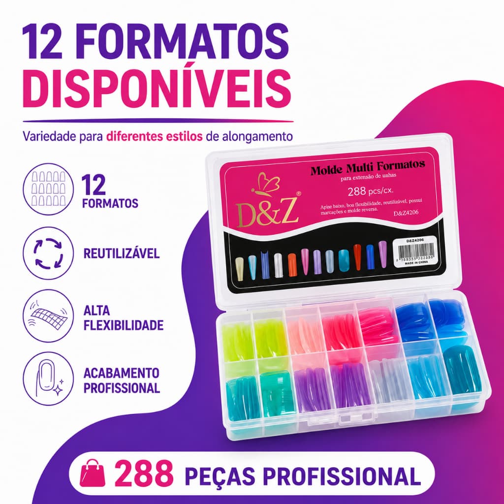 Molde F1 Unha Gel D&Z 288 Unidades com 12 Formatos para Alongamento Profissional Preciso