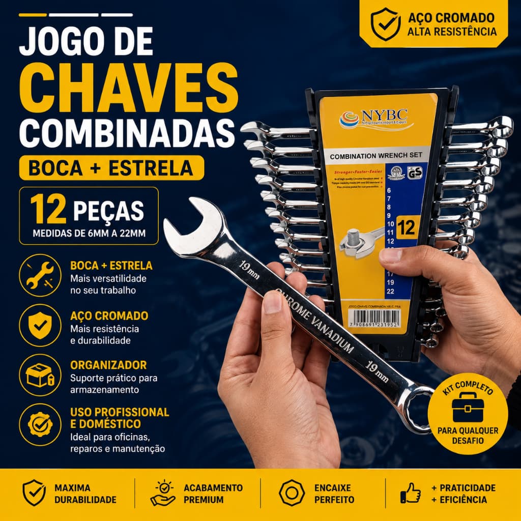 Jogo de Chave Combinada Boca Estrela 12 Peças Profissional Aço Cromado
