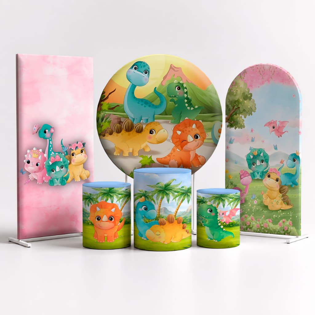 Kit Capa Painel de Festa Dino Personagens + Trio Capa Cilindros Envio Imediato