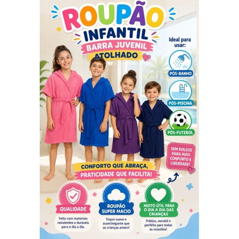 ROUPÃO ATOALHADO COM CAPUZ, MANGA CURTA. ROUPÃO INFANTIL/JUVENIL. ROUPÃO DE BANHO. ROUPÃO DE PISCINA. ROUPÃO ATOALHADO.