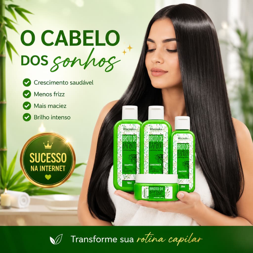 Kit Broto de Bamboo Rhenuks Tratamento Completo Para Cabelos Mais Fortes e Alinhados