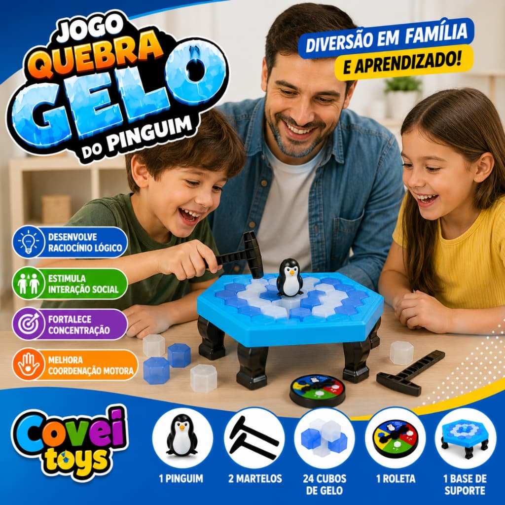 Jogo De Mesa Quebra Gelo Pinguim Infantil Educativo Com Roleta Martelos E Base Estratégia Diversão
