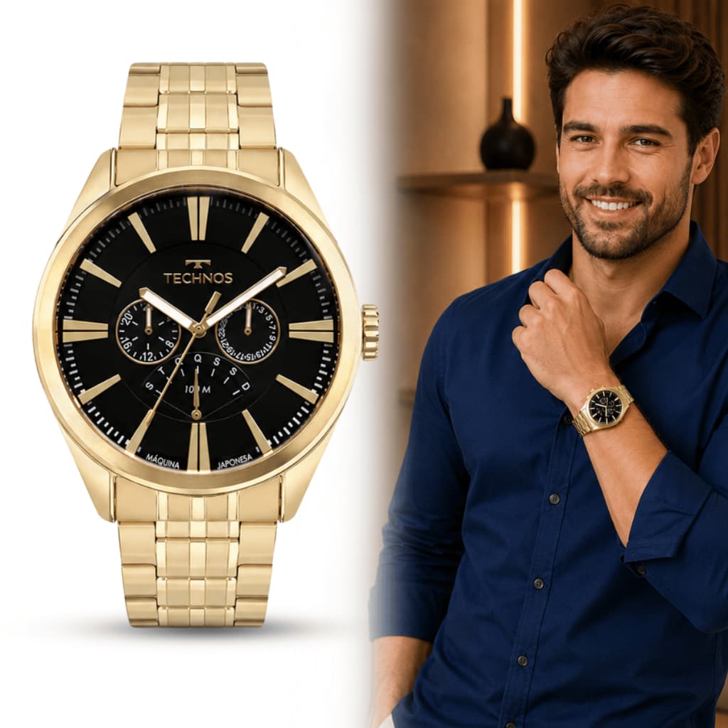 Relógio Masculino Technos Grandtech Dourado JR20AA/1D Resistente à Água 100m Chuva e Banho