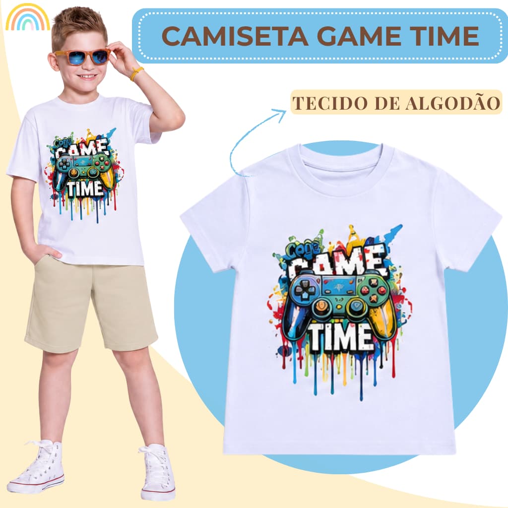 Camiseta Infantil/Juvenil Menino Game Time Boy Camisa Masculina Algodão Tamanho 2 ao 16