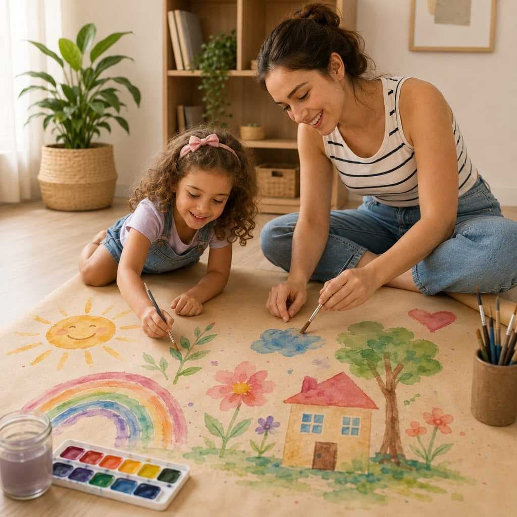 Rolo de Papelão 60cm x 10m Desenhar Pintar Recreação Infantil e Atividade Escolar + Tinta Aquarela