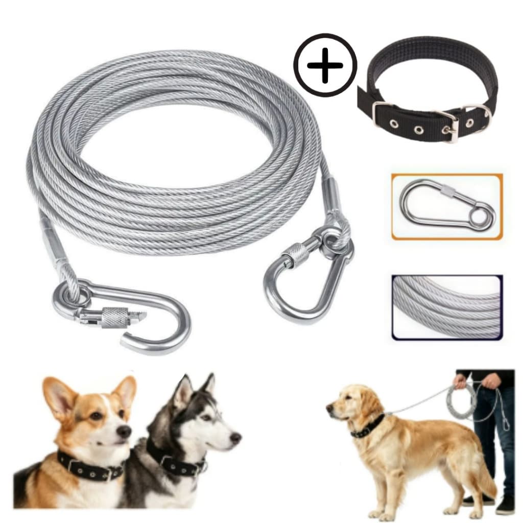 10 Metros Cabo De Aço Revestido Cristal Amarração+ Coleira preta para cachorro Para Cães