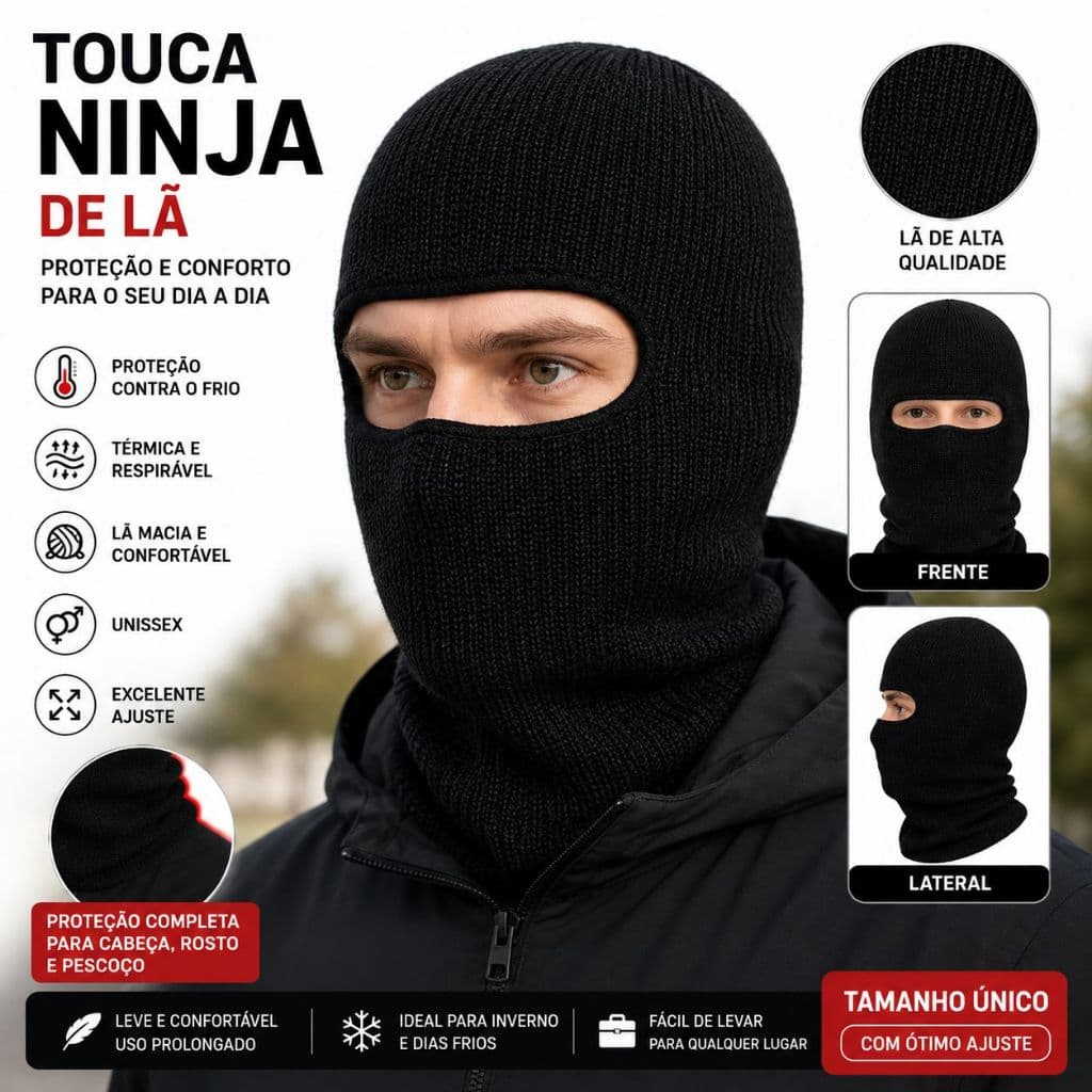 Touca Ninja de Lã Unissex Balaclava Térmica Proteção Frio Moto Ciclismo