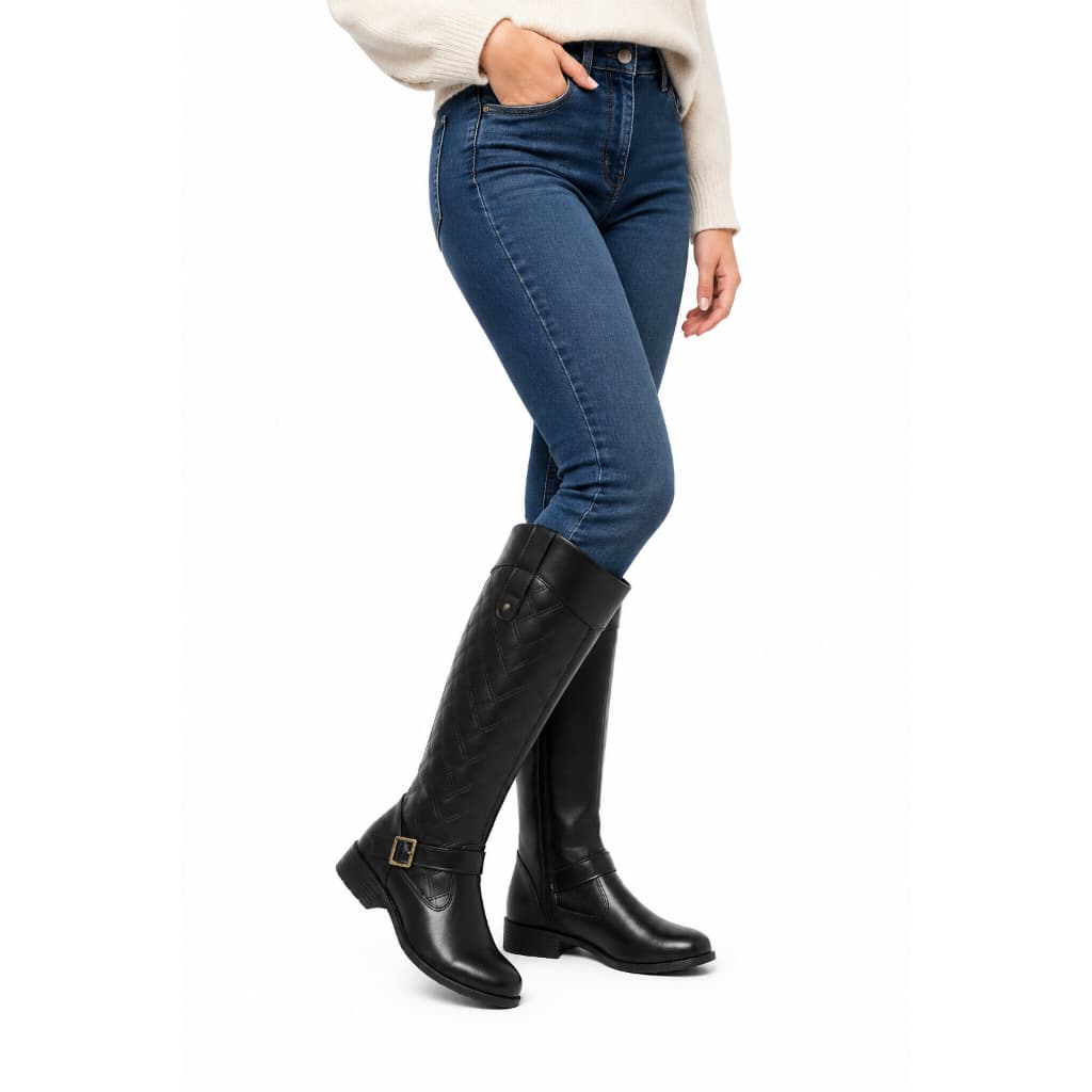 Bota Feminina Cano Longo Preta Montaria Fivela Confortável Estilo Inverno Casual Elegante