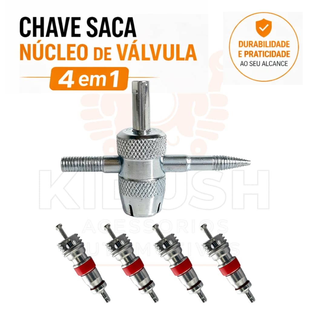 Chave Extratora de Válvula de Pneu 4 em 1 + Kit com 4 Núcleos