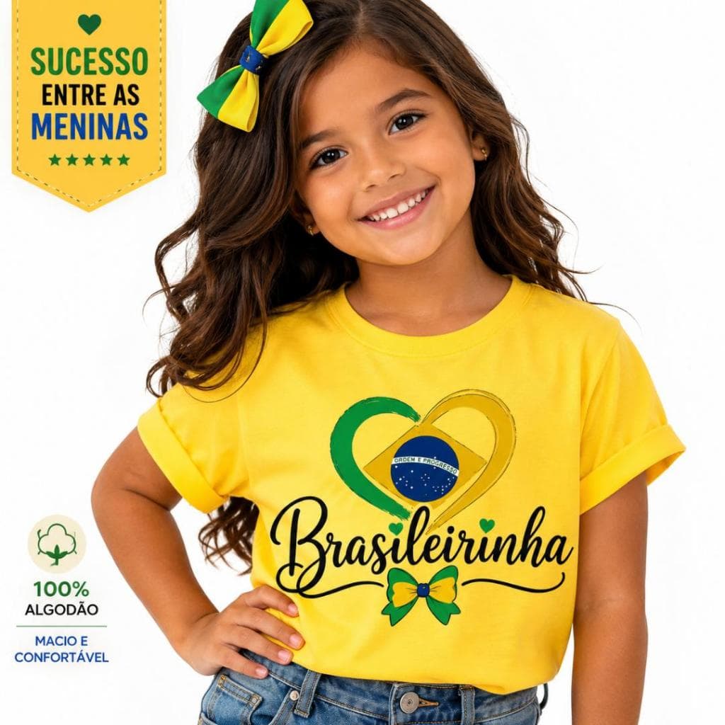 Camiseta Infantil Brasil Menina 100%Algodão Blusa Confortável Sofisticada Leve Copa do Mundo