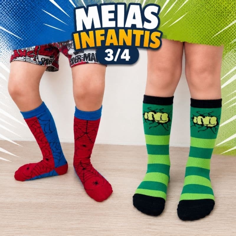 Meia infantil 3/4 Heróis - Cano alto -  meia colorida para menino