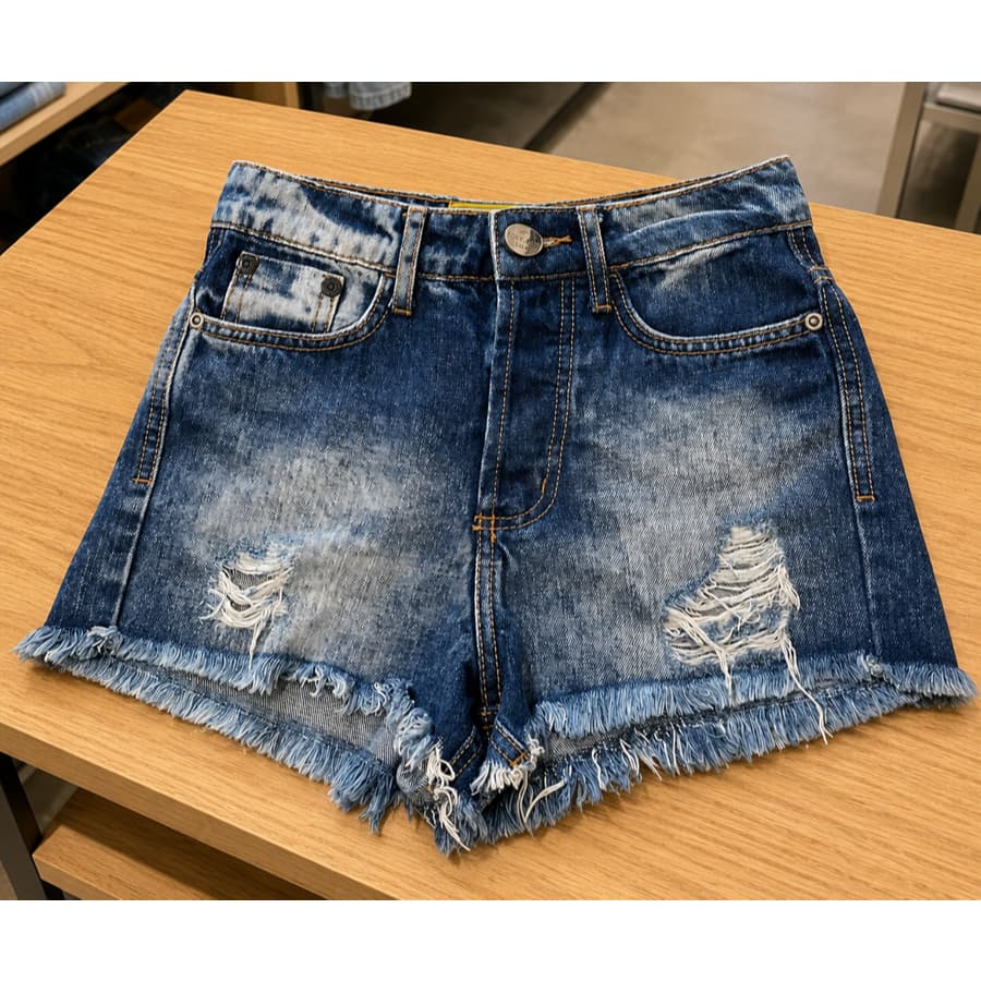 Short Jeans Feminino Cintura Alta destroyed Barra Desfiada
