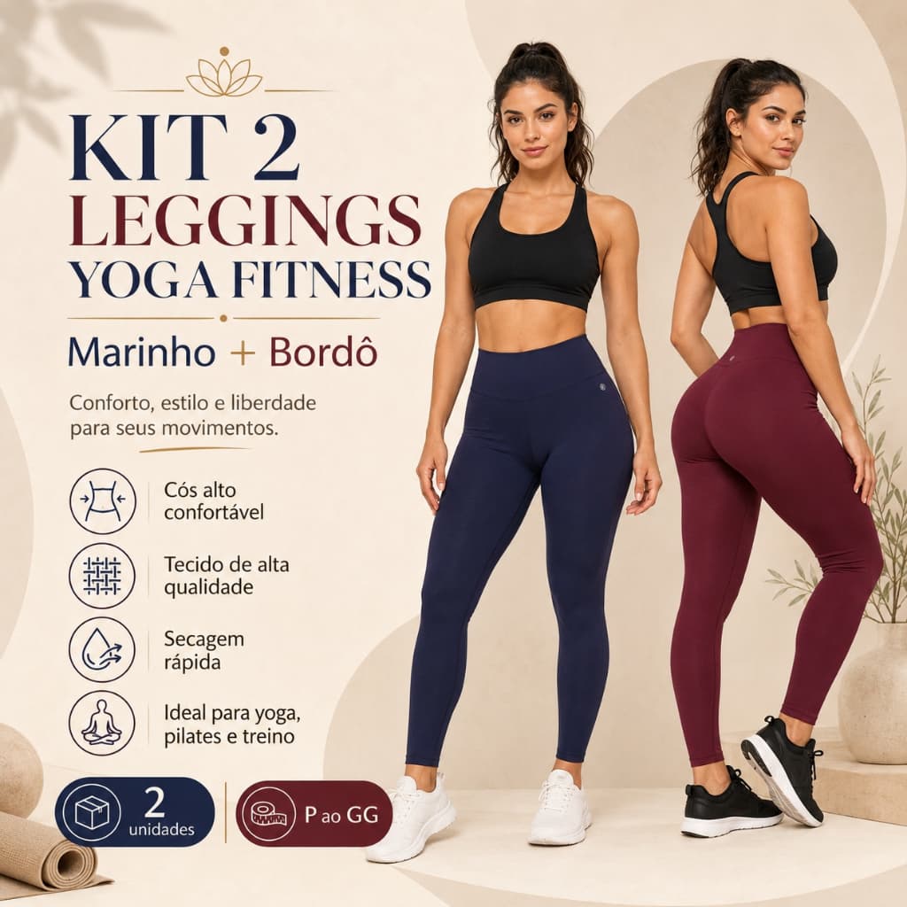 Kit 2 Leggings Femininas Cós Alto Suplex Power Marinho Bordô Academia Yoga Fitness