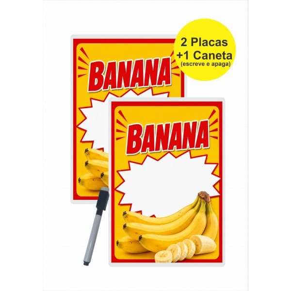 Placa Preço Banana Kit 2 Placas Reutilizável Feira Quitanda Apagável 29x20 cm