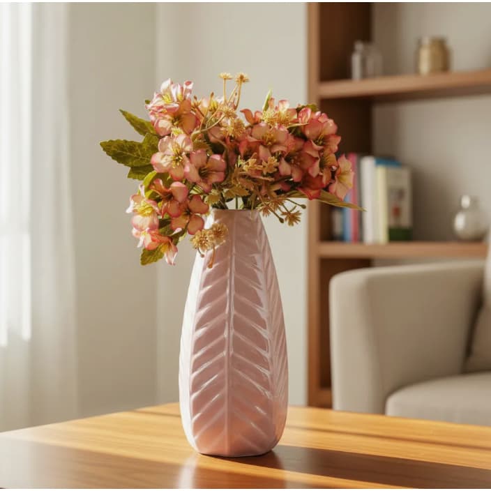 Jarro Com Flor - Vaso Porcelana Bojudo Rose Brilho C/ Tecel Cor 1 Lisa