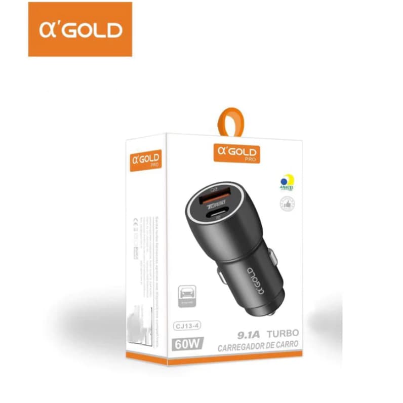 Carregador Veicular Turbo 60W Porta Dupla USB e Tipo-C Carregamento Rápido Com Cabo Lighting e Cabo Tipo C
