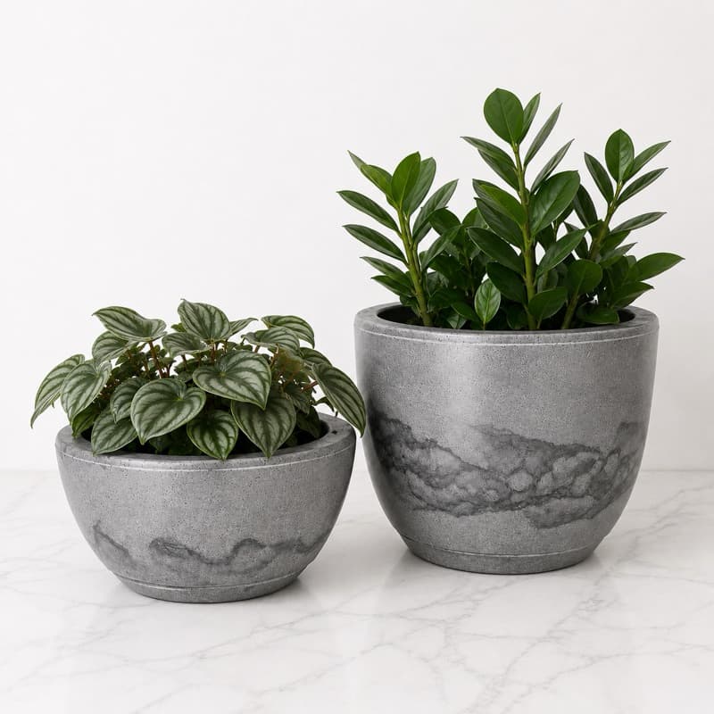 Kit 2 Vasos Decorativos Bojo e Bacia para Plantas com Prato Acabamento Liso Polido e Marmorizado