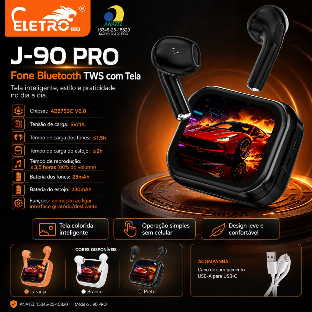 Eletromex J90 Pro Fone Bluetooth TWS com Tela Touch Bluetooth 6.0 Som HiFi Sem Fio Controle Inteligente
