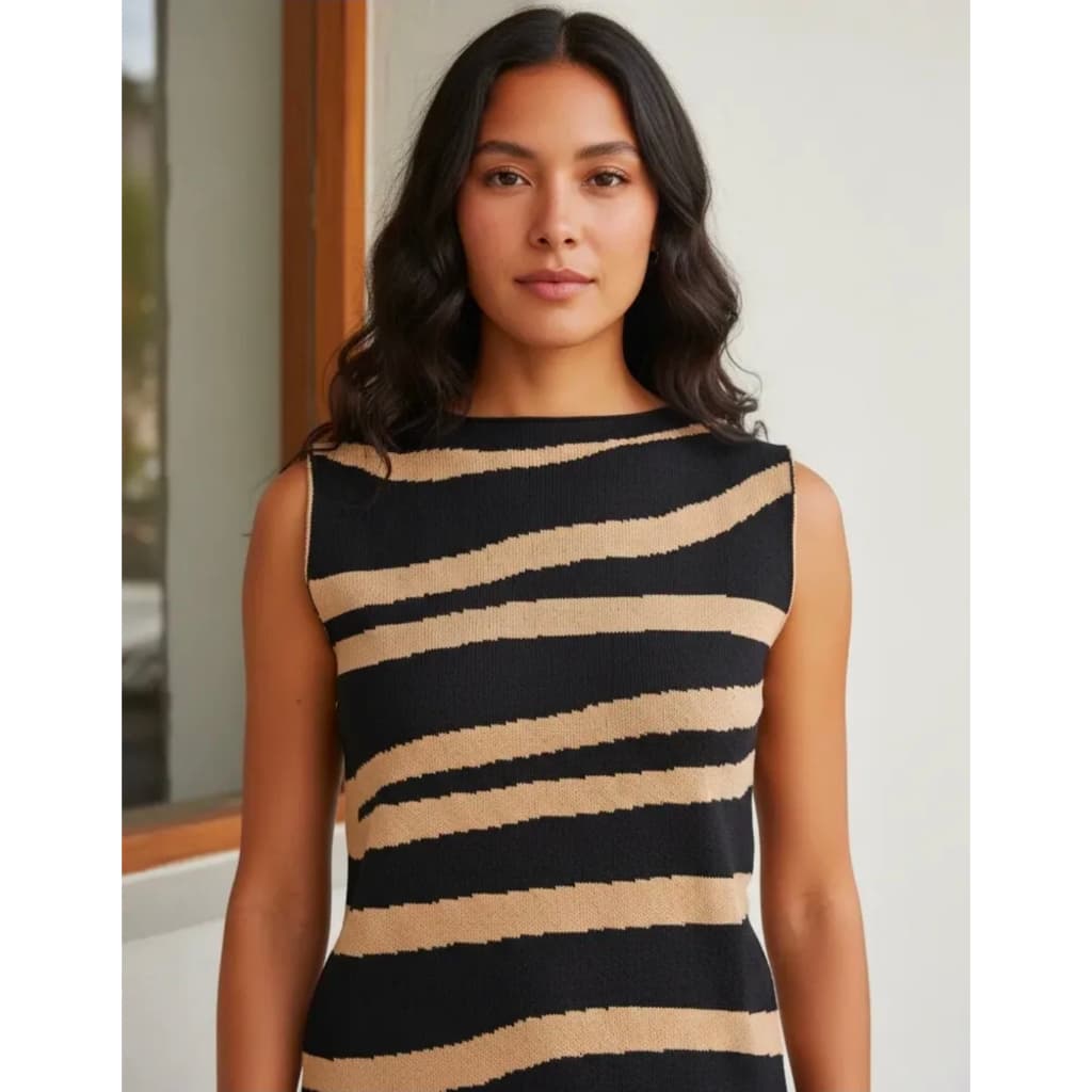 Regata Feminina Tricot Listrada Gola Alta Casual Elegante Verão | Regata Feminina Listrada em Tricot Gola Alta Sem Manga