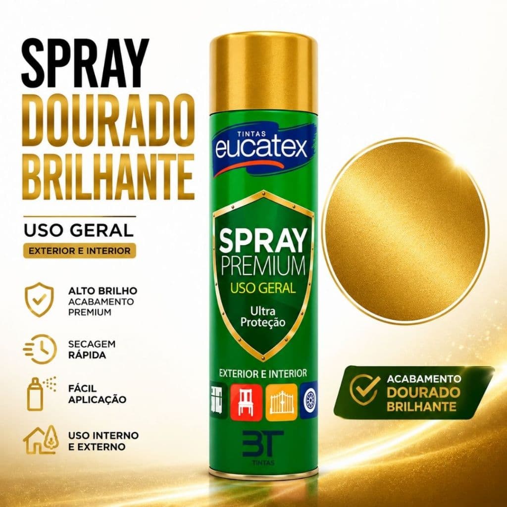 Tinta Spray Dourado Brilhante Premium  400ml Para Metal Madeira Plástico Secagem Rápida