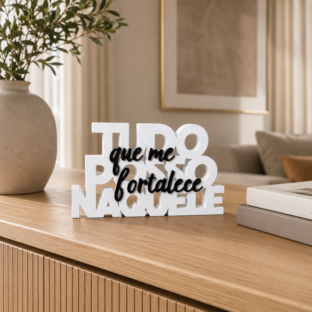 Placa Decorativa Tudo Posso Naquele Que Me Fortalece Frase Bíblica Religiosa Decoração Mesa Quarto