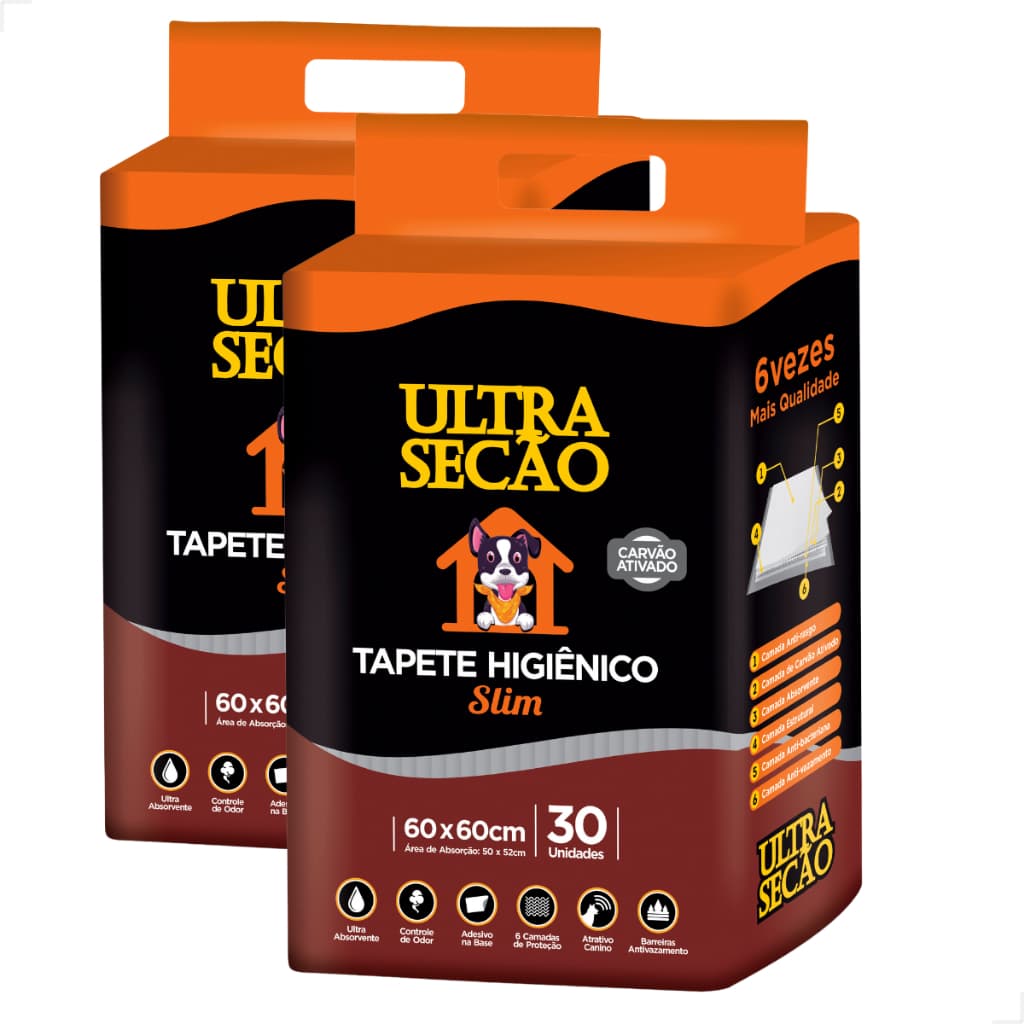 KIT 2 Tapetes Higiênicos 60x60 60 unidades Ultra Secão Carvão Ativado para Cães e Gatos Pets Grande
