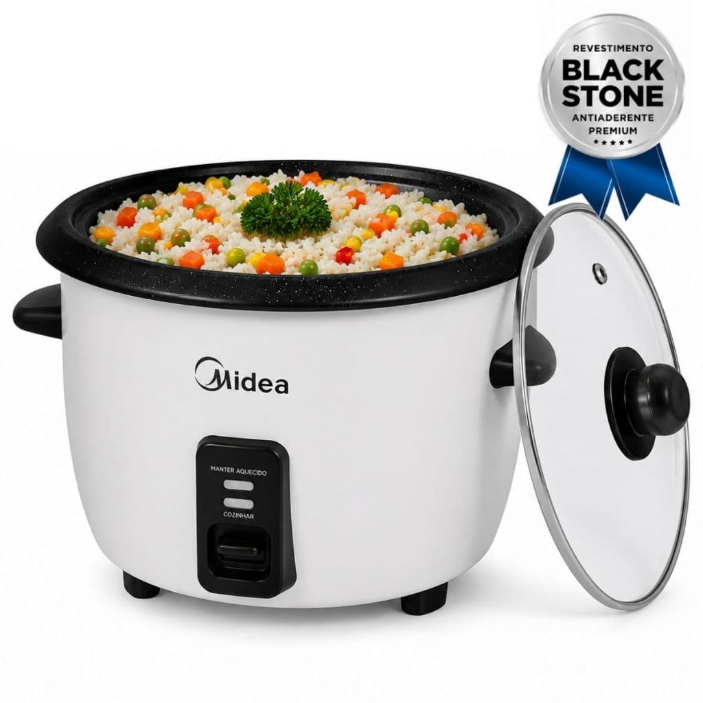 Panela de Arroz Elétrica Midea 2,5L Até 7 Xicaras Antiaderente Cozimento à Vapor com Tampa Vidro