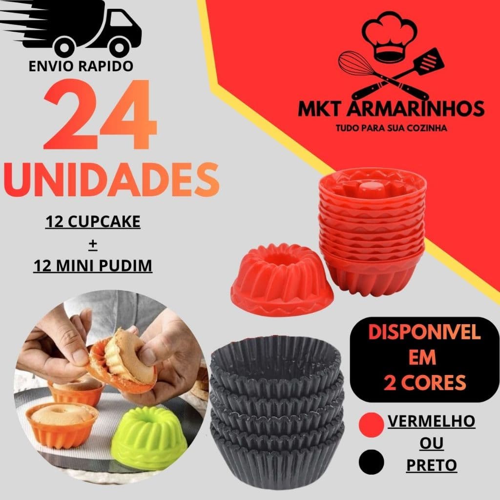 Kit 24 Forminhas Silicone Cupcake e Mini Pudim Antiaderente Reutilizável Bolo Muffin Confeitaria Doces Festas